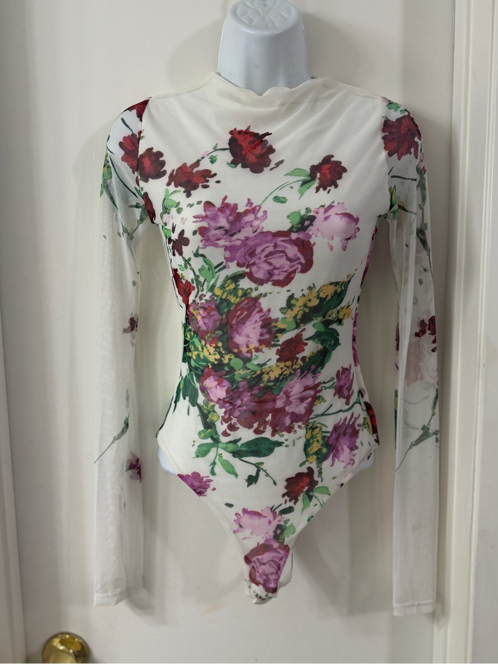 naked wardrobe White Floral Mesh Long-Sleeve Bodysuit with Pink & Red Blooms